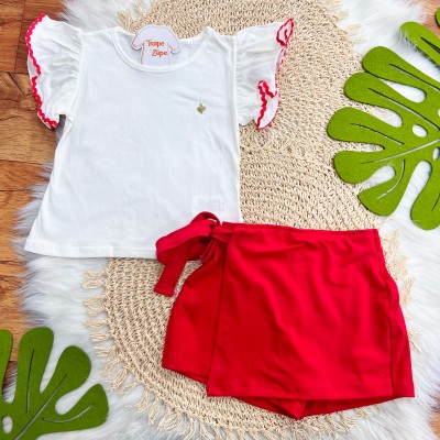 Conj. Blusa com Coração Dourado e Short Saia - Off White e Vermelho
